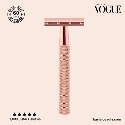 Rose gold Louvrs SmoothShave double edge safety razor with a textured brass handle and zinc alloy head.