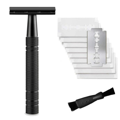 Matte black SmoothShave safety razor bundle with textured handle, ten double-edge refill blades, and a cleaning brush.